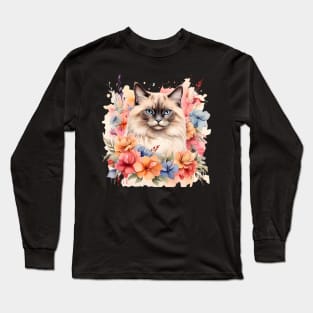 A birman cat decorated with beautiful watercolor flowers Long Sleeve T-Shirt